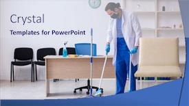  Presentation with contractor - Slide deck with young-male-contractor-disinfecting-clinic background and a sky blue colored foreground