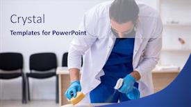  Presentation with contractor - Audience pleasing PPT theme consisting of young-male-contractor-disinfecting-clinic backdrop and a sky blue colored foreground
