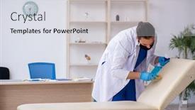  Presentation with contractor - Presentation theme consisting of young-male-contractor-disinfecting-clinic background and a sky blue colored foreground
