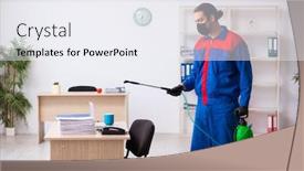  Presentation with contractor - PPT theme having young-male-contractor-disinfecting-office background and a sky blue colored foreground