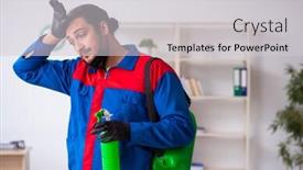  Presentation with contractor - Cool new PPT theme with young-male-contractor-disinfecting-office backdrop and a light gray colored foreground