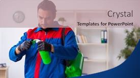  Presentation with contractor - Slide set with young-male-contractor-disinfecting-office background and a coral colored foreground