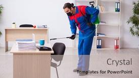  Presentation with contractor - Beautiful presentation theme featuring young-male-contractor-disinfecting-office backdrop and a light gray colored foreground