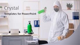  Presentation with contractor - Slides with young-male-contractor-disinfecting-office background and a sky blue colored foreground