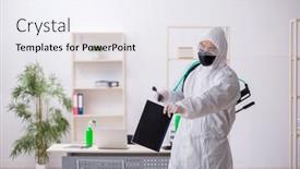  Presentation with contractor - PPT theme with young-male-contractor-disinfecting-office background and a sky blue colored foreground