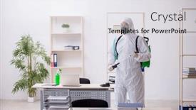  Presentation with contractor - PPT theme enhanced with young-male-contractor-disinfecting-office background and a  colored foreground