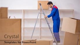  Presentation with contractor - Presentation theme with young-male-contractor-doing-home background and a coral colored foreground