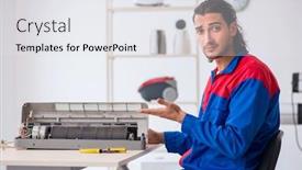  Presentation with contractor - Presentation theme having young male contractor repairing air-conditioner at workshop background and a white colored foreground