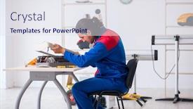  Presentation with contractor - Audience pleasing presentation consisting of young male contractor repairing air-conditioner at workshop backdrop and a sky blue colored foreground