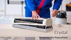  Presentation with conditioner - Slide set having hvac - young male contractor repairing air-conditioner background and a soft green colored foreground