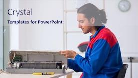  Presentation with conditioner - PPT theme consisting of young-male-contractor-repairing-air background and a sky blue colored foreground