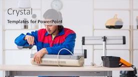  Presentation with contractor - Colorful PPT layouts enhanced with young-male-contractor-repairing-air backdrop and a white colored foreground