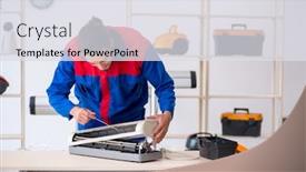  Presentation with conditioner - Slides having young-male-contractor-repairing-air background and a sky blue colored foreground