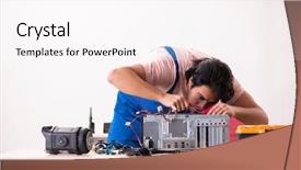  Presentation with contractor - Presentation design featuring young male contractor repairing computer background and a  colored foreground