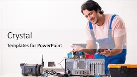  Presentation with contractor - Cool new theme with young male contractor repairing computer backdrop and a  colored foreground