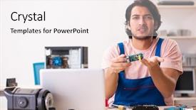  Presentation with computer in backrond - Slide set featuring young male contractor repairing computer background and a sky blue colored foreground