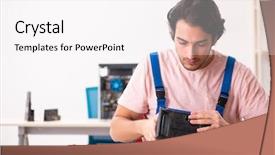  Presentation with contractor - Audience pleasing PPT theme consisting of young male contractor repairing computer backdrop and a  colored foreground