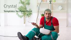  Presentation with contractor - Cool new presentation theme with young-male-contractor-repairing-fan backdrop and a mint green colored foreground