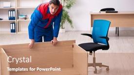  Presentation with contractor - Cool new PPT theme with young-male-contractor-repairing-furniture backdrop and a coral colored foreground
