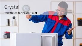  Presentation with refrigerator - Beautiful slide deck featuring young-male-contractor-repairing-refrigerator backdrop and a light gray colored foreground