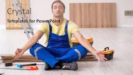  Presentation with contractor - PPT theme featuring young-male-contractor-working-indoors background and a coral colored foreground