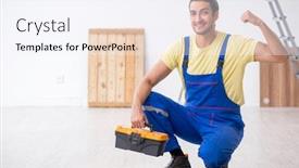  Presentation with contractor - Beautiful PPT theme featuring young-male-contractor-working-indoors backdrop and a sky blue colored foreground