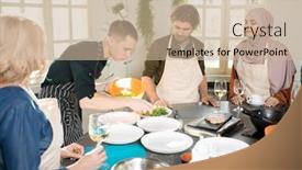  Presentation with coach - Colorful theme enhanced with young-male-cooking-coach backdrop and a soft green colored foreground