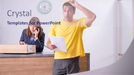  Presentation with courier - Beautiful slide deck featuring young male courier delivering box to hotel's reception backdrop and a sky blue colored foreground