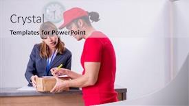  Presentation with courier - Cool new slide deck with young male courier delivering box to hotel's reception backdrop and a sky blue colored foreground