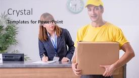  Presentation with courier - Presentation design featuring young male courier delivering box to hotel's reception background and a sky blue colored foreground