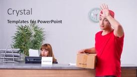  Presentation with courier - Presentation theme with young male courier delivering box to hotel's reception background and a sky blue colored foreground