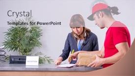  Presentation with courier - Presentation enhanced with young male courier delivering box to hotel's reception background and a sky blue colored foreground