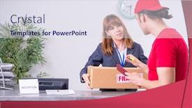  Presentation with courier - Slide set consisting of young-male-courier-delivering-box background and a sky blue colored foreground