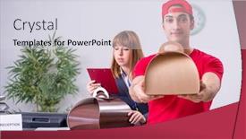  Presentation with courier - Slide set having young male courier delivering cake to hotel's reception background and a sky blue colored foreground