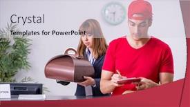  Presentation with courier - Amazing presentation theme having young-male-courier-delivering-cake backdrop and a light gray colored foreground