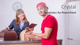  Presentation with courier - Cool new PPT theme with young-male-courier-delivering-cake backdrop and a sky blue colored foreground