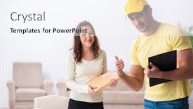  Presentation with courier - Beautiful presentation theme featuring young-male-courier-delivering-parcel backdrop and a sky blue colored foreground