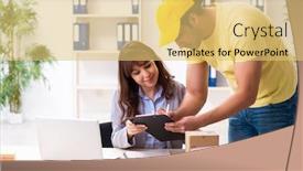  Presentation with courier delivery - Amazing presentation theme having young-male-courier-delivering-parcel backdrop and a yellow colored foreground