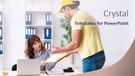  Presentation with courier - Colorful PPT theme enhanced with young-male-courier-delivering-parcel backdrop and a sky blue colored foreground