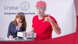  Presentation with courier - Slide set featuring young male courier delivering pizza to hotel's reception background and a sky blue colored foreground