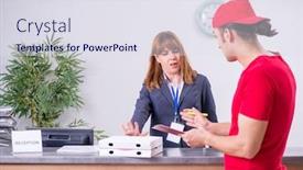  Presentation with courier - Beautiful PPT theme featuring young male courier delivering pizza to hotel's reception backdrop and a sky blue colored foreground