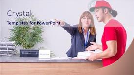  Presentation with courier - Amazing presentation theme having young male courier delivering pizza to hotel's reception backdrop and a sky blue colored foreground