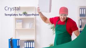  Presentation with courier - Theme enhanced with young-male-courier-delivering-pizza background and a sky blue colored foreground