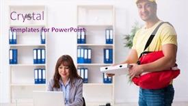  Presentation with courier - PPT theme consisting of young-male-courier-delivering-pizza background and a sky blue colored foreground