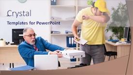  Presentation with courier - Presentation theme enhanced with young-male-courier-delivering-pizza background and a sky blue colored foreground