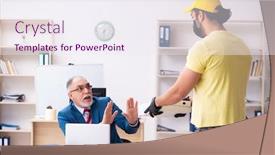  Presentation with courier - Beautiful theme featuring young-male-courier-delivering-pizza backdrop and a sky blue colored foreground