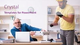  Presentation with courier - PPT layouts with young-male-courier-delivering-pizza background and a sky blue colored foreground