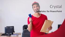  Presentation with courier - Slide deck enhanced with young-male-courier-delivering-post background and a light gray colored foreground