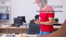  Presentation with courier - PPT theme featuring young-male-courier-delivering-post background and a sky blue colored foreground