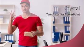  Presentation with courier - Amazing PPT layouts having young-male-courier-delivering-postbox backdrop and a light gray colored foreground